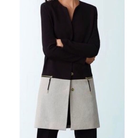 Metaphor Retro Remix Blue &Cream Color Block Coat - Picture 2 of 9